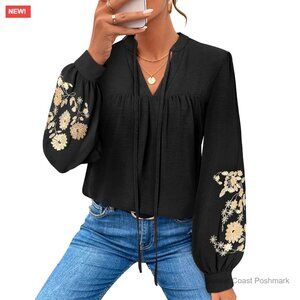 Embroidered Boho Blouse with Puff Sleeves and Peplum